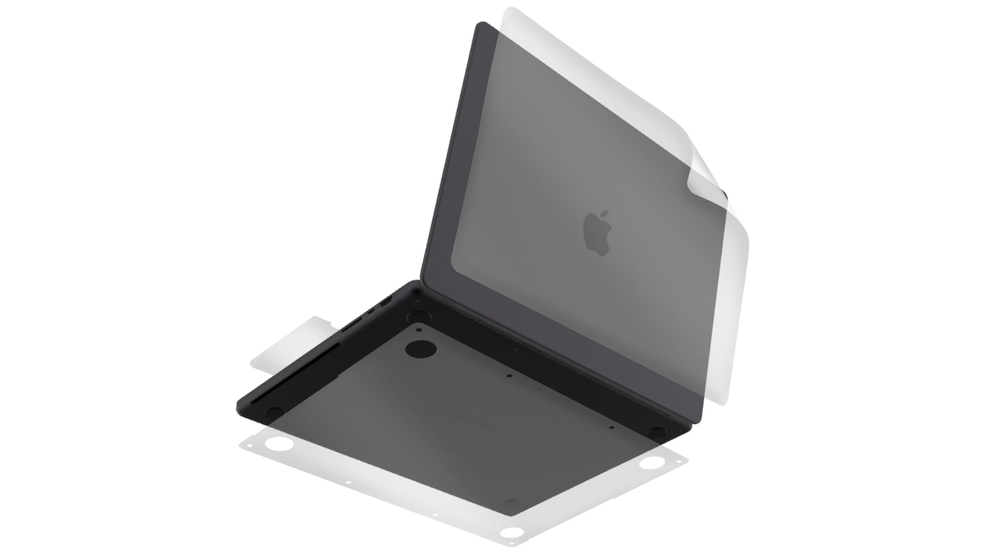 Imagen de una piel MacBook translúcida sobre un fondo blanco liso.