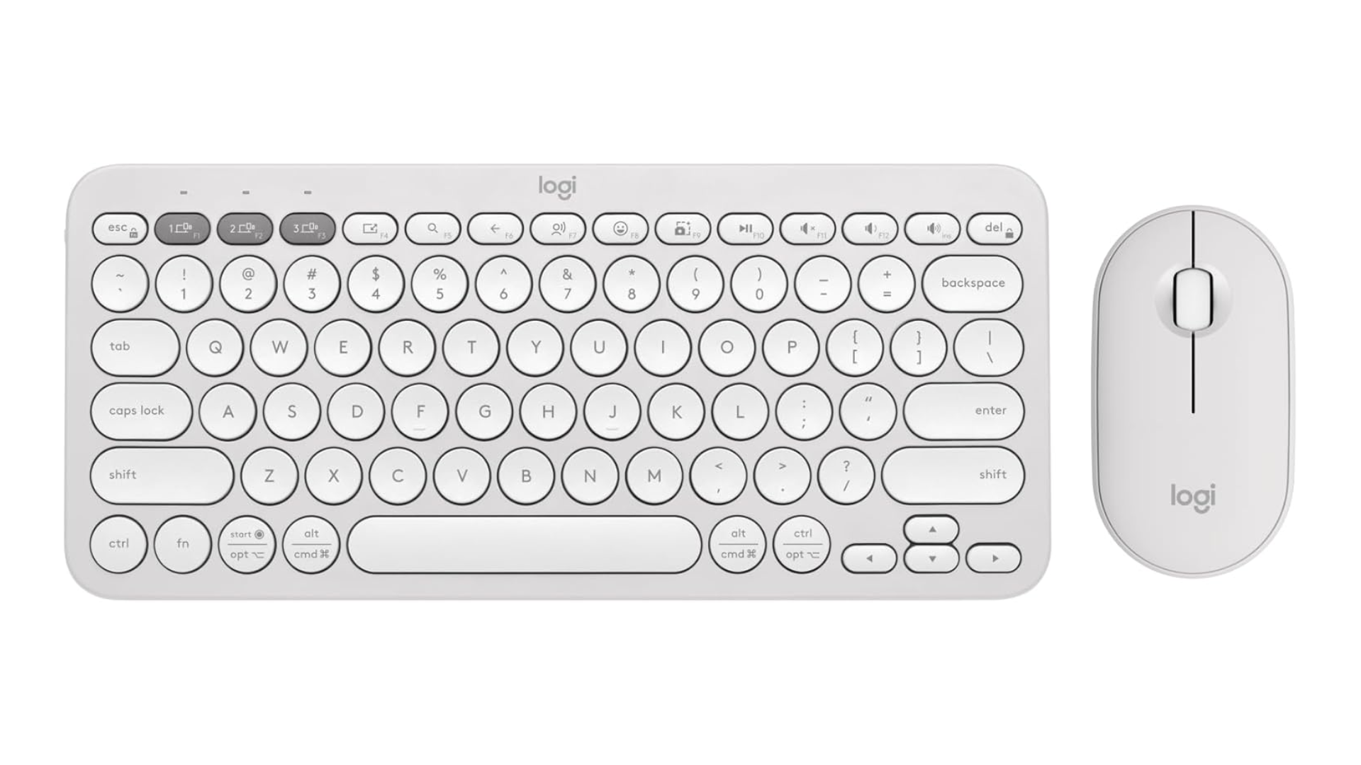 Imagen del teclado inalámbrico Logitech y el mouse sobre un fondo blanco liso.