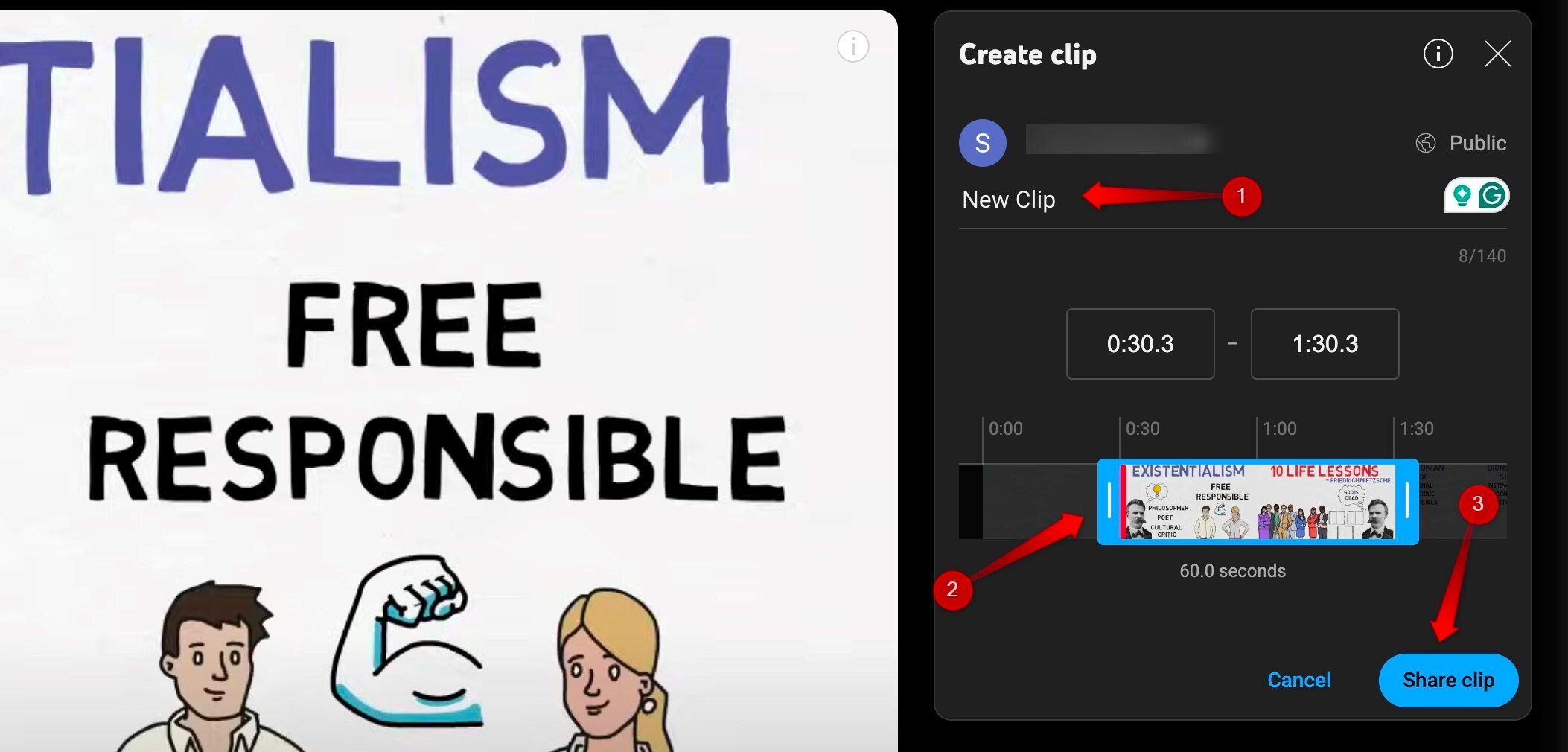 Cutting and sharing a clip from a YouTube video.