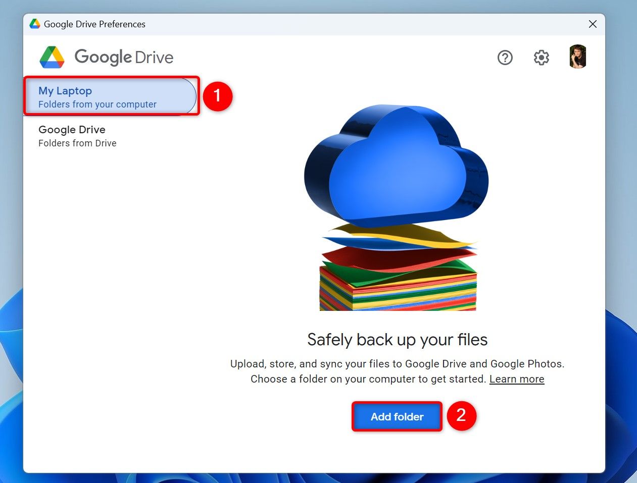 "Meu laptop" e "Adicione a pasta" destacado no Google Drive.