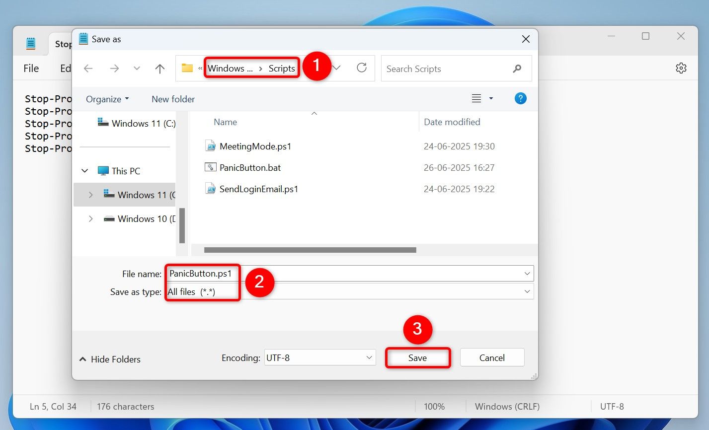 Notepad's "Save As" window to save panic button's PowerShell script.