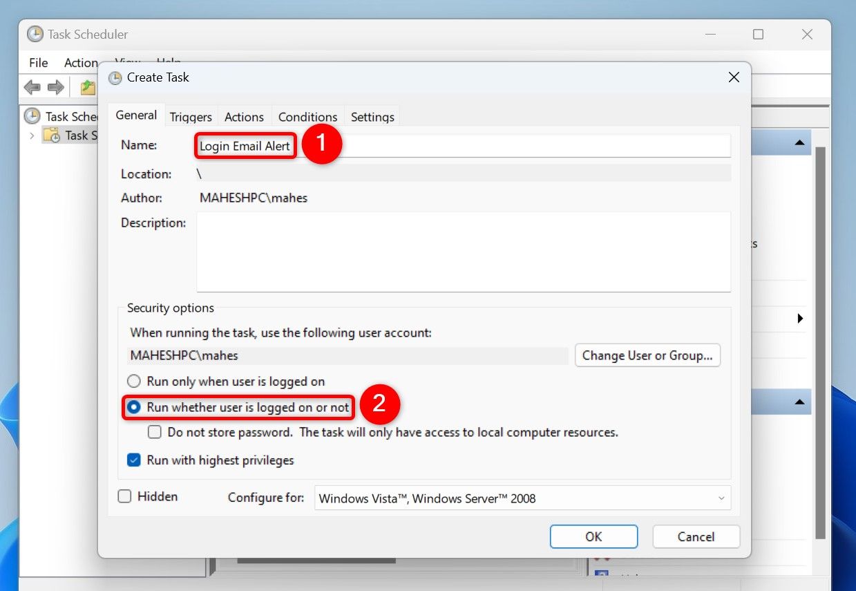 Various options highlighted on Task Scheduler's "Create Task" window.