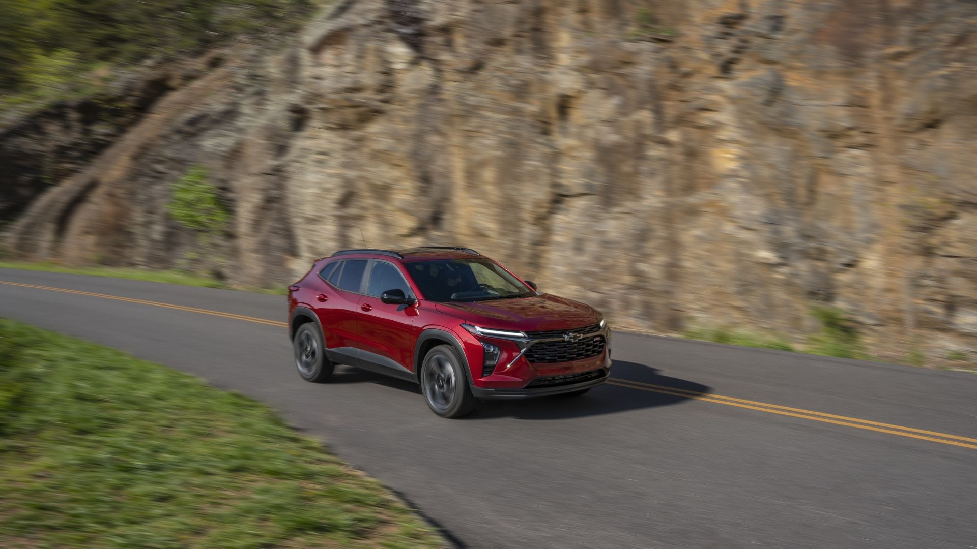 Front 3/4 action shot of a 2024 Chevrolet Trax