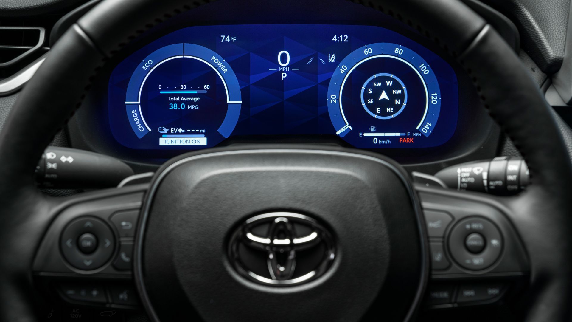 Close-up shot of the digital intrusment cluster in a 2025 Toyota RAV4 PHEV XSE.