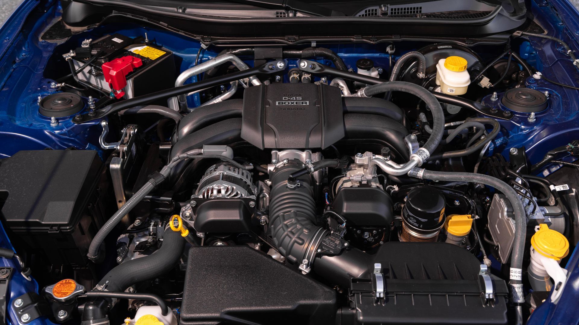 Close-up shot of the engine bay of a 2024 Subaru BRZ tS.