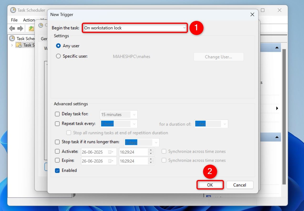 "Begin the Task" and "OK" highlighted on the "New Trigger" window.