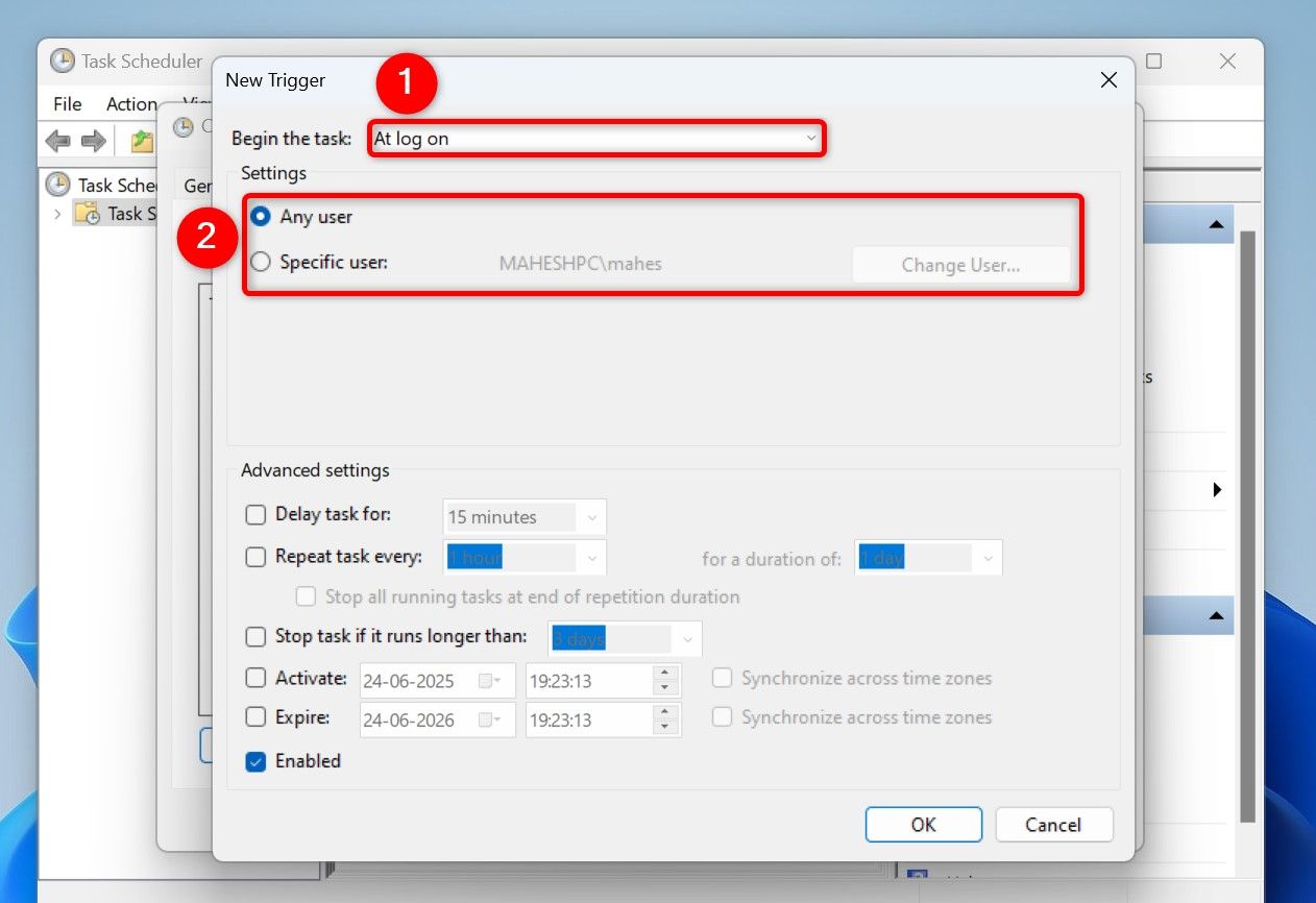 Various options highlighted on Task Scheduler's "New Trigger" window.