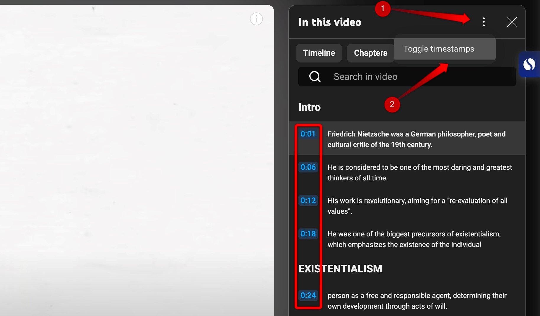 Toggling off timestamps to declutter the Transcript window on YouTube.