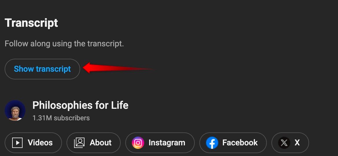 Clicking on Transcript to show a transcript of a YouTube video.