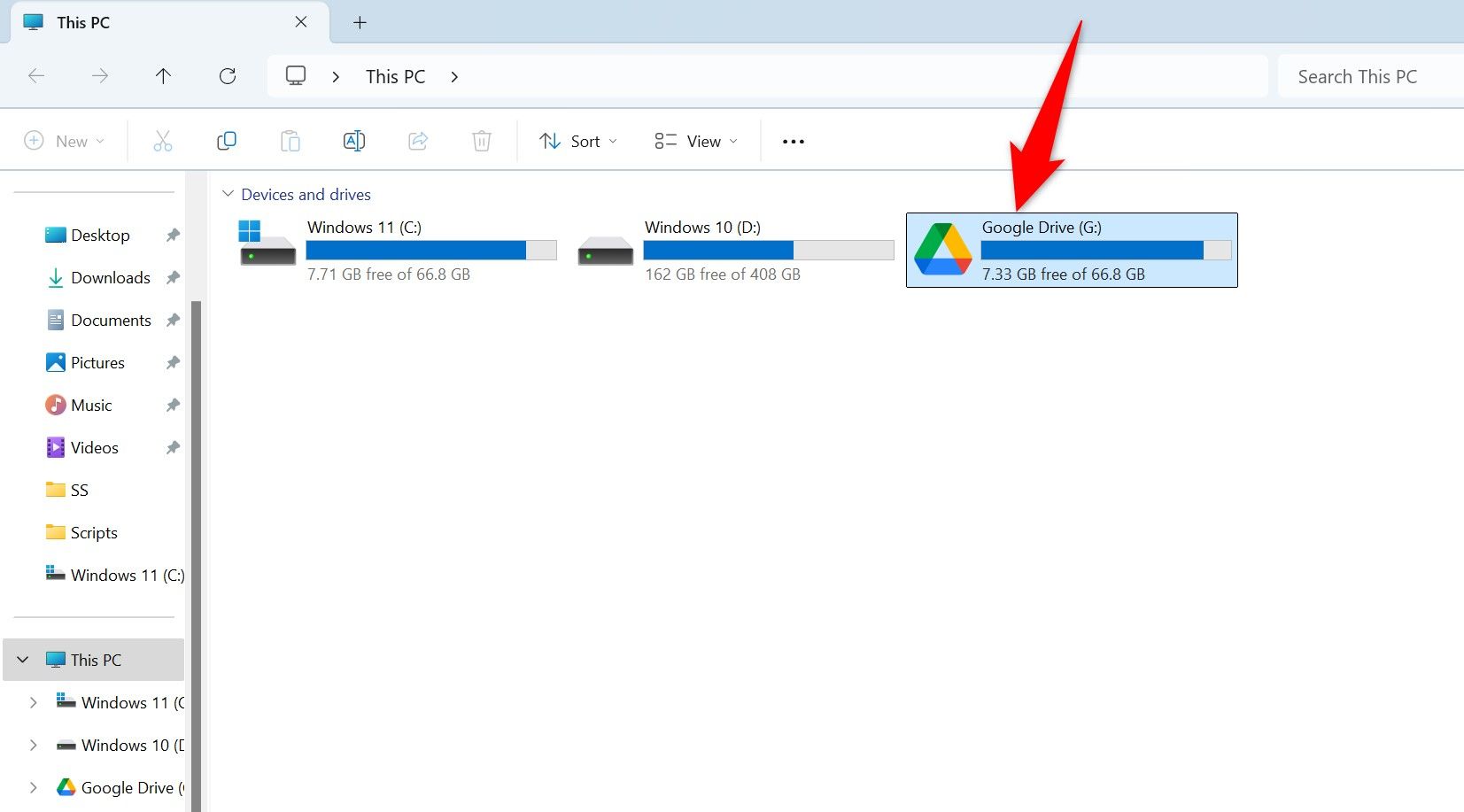 Google Drive Virtual Drive destacado no File Explorer.