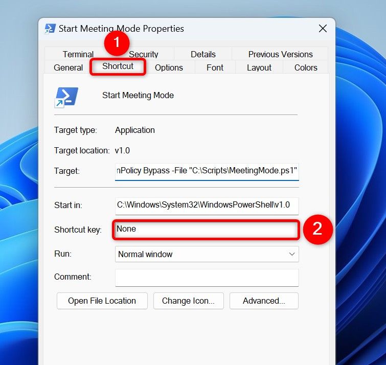 "Shortcut" and "Shortcut Key" highlighted on a shortcut's "Properties" window.