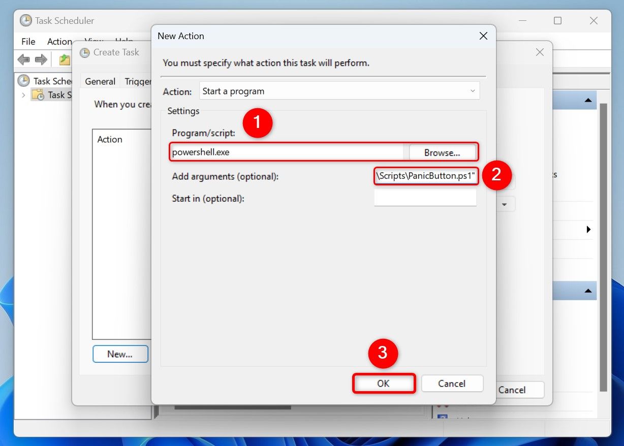 "Program/Script," "Add Arguments (Optional)," and "OK" highlighted on the "New Action" window.