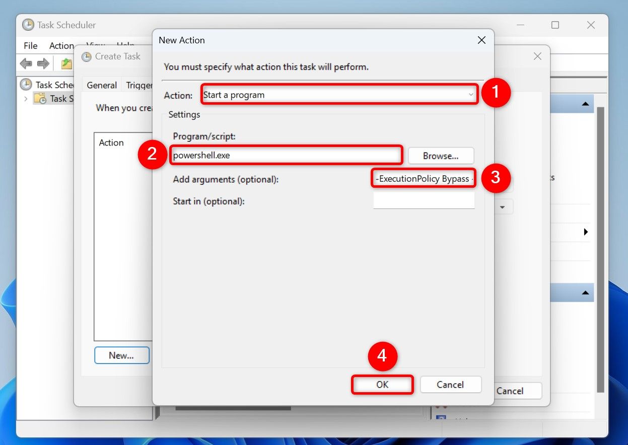 Various options highlighted on Task Scheduler's "New Action" window.