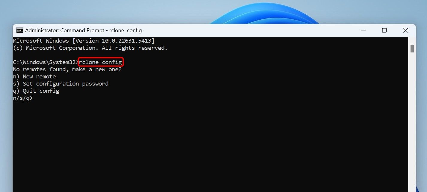"Rclone Config" digitado no prompt de comando.