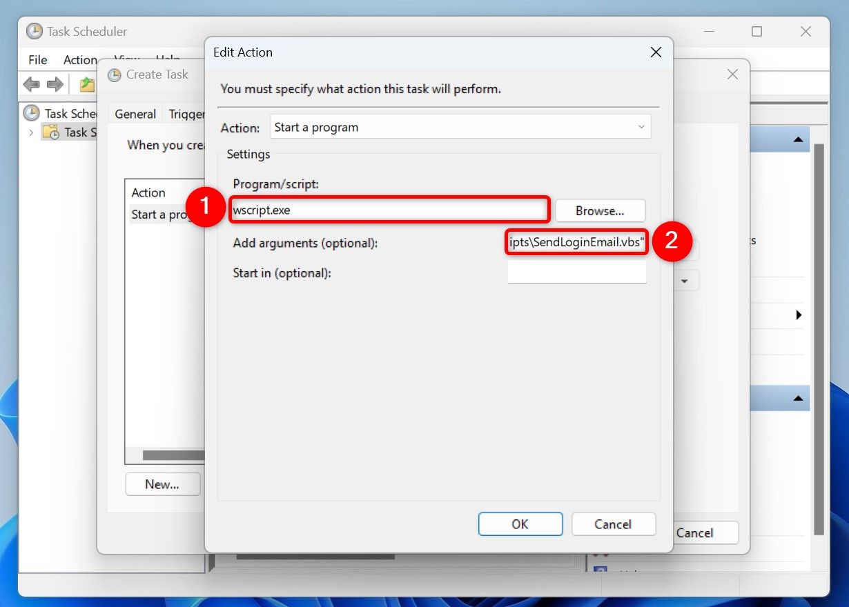 Various options highlighted on Task Scheduler's "Edit Action" window.