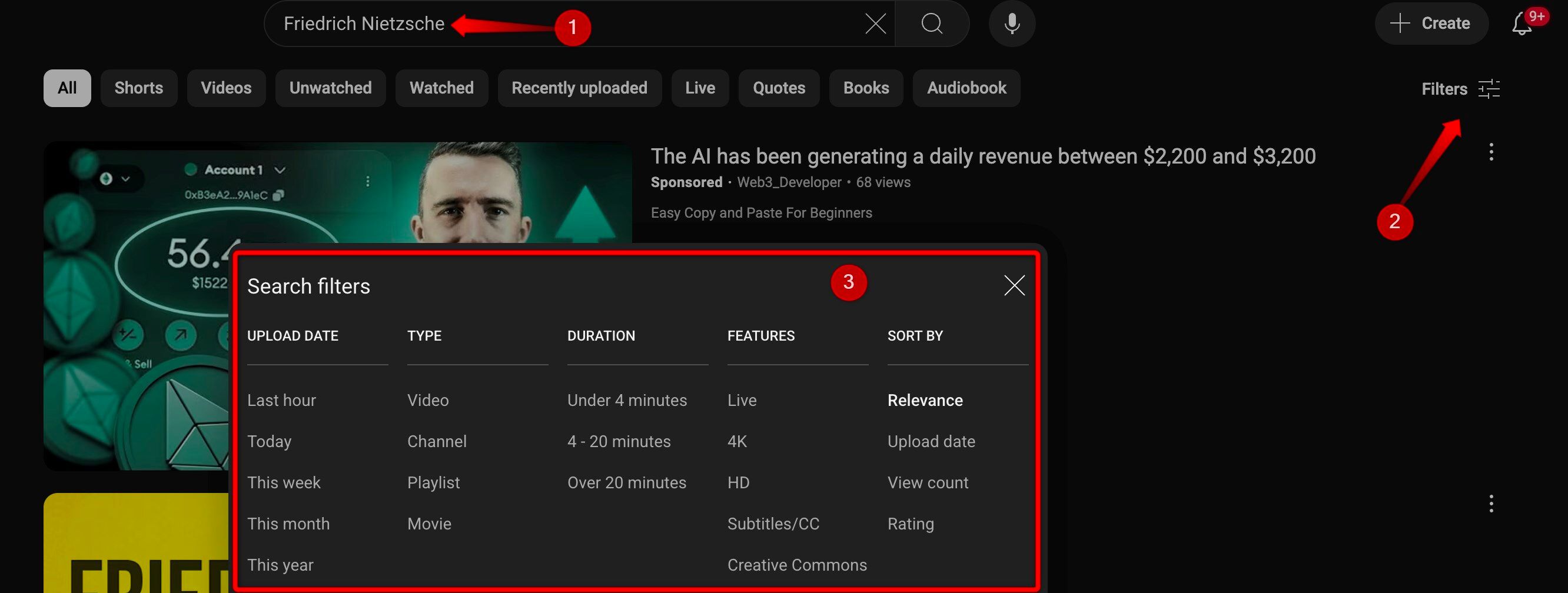 Using filters to find desired video on YouTube.