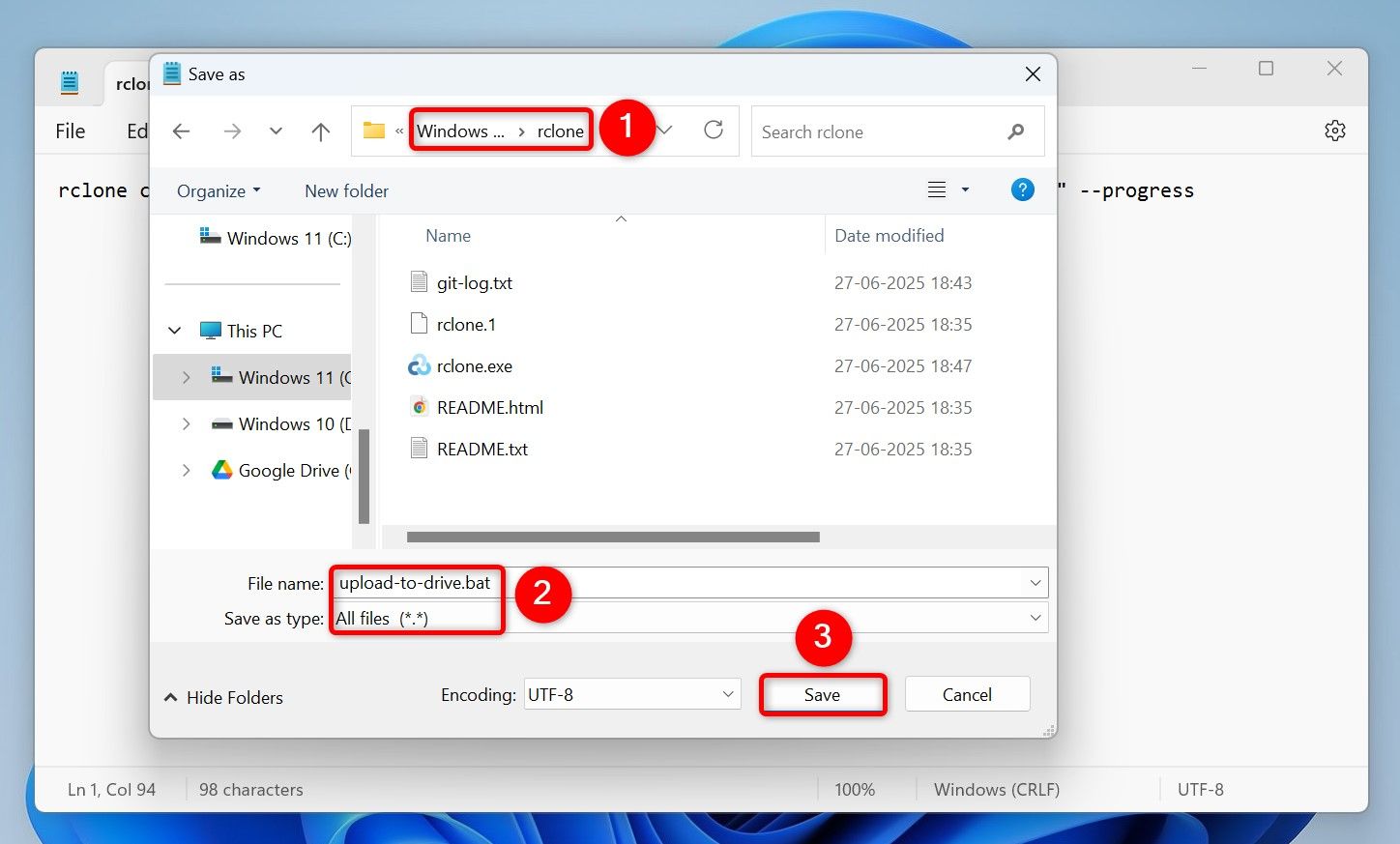Bloco de notas "Salve como" menu para salvar o script de upload de arquivo rclone.