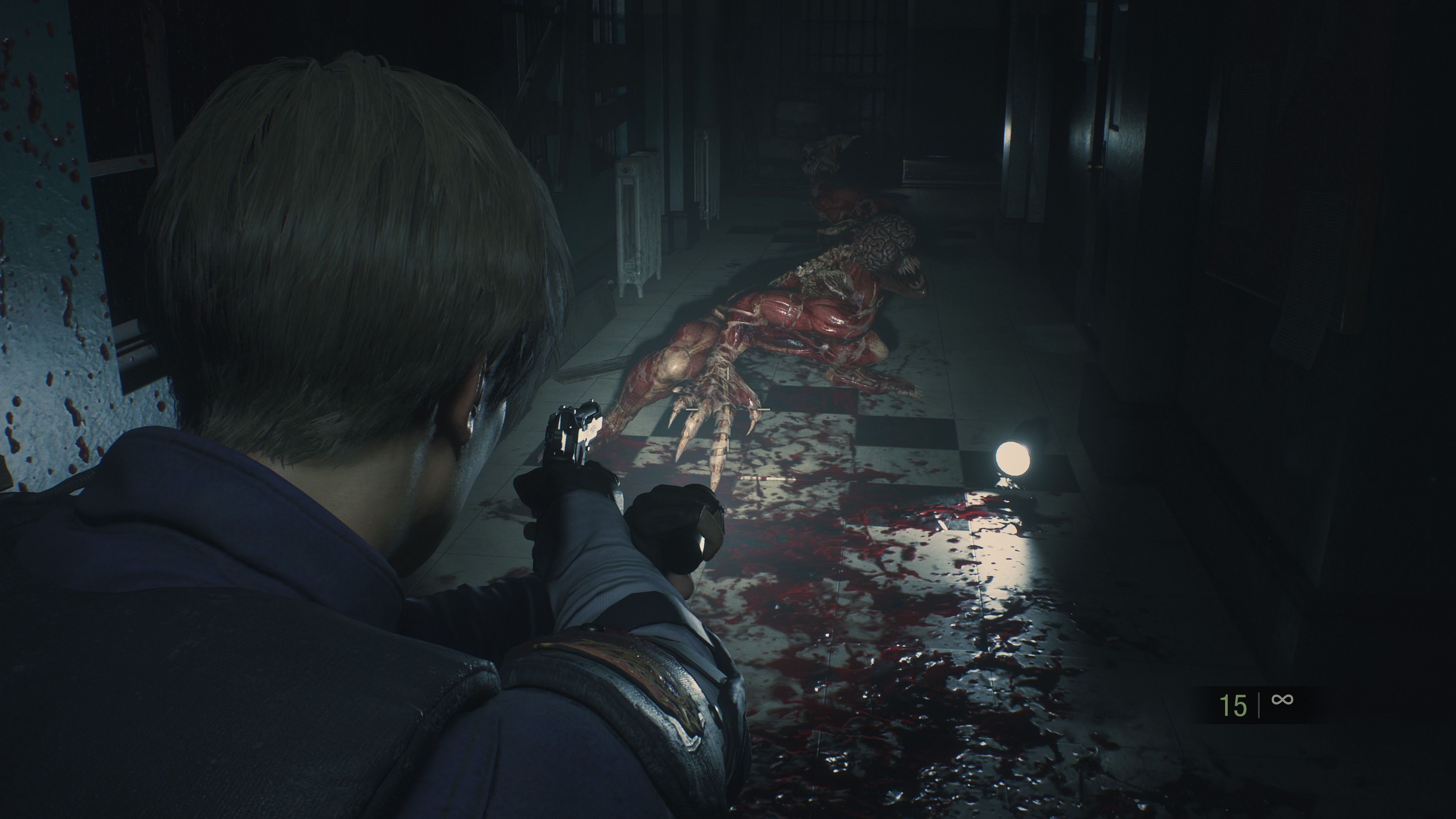 A licker about to attack Leon in the Resident Evil 2 remake.