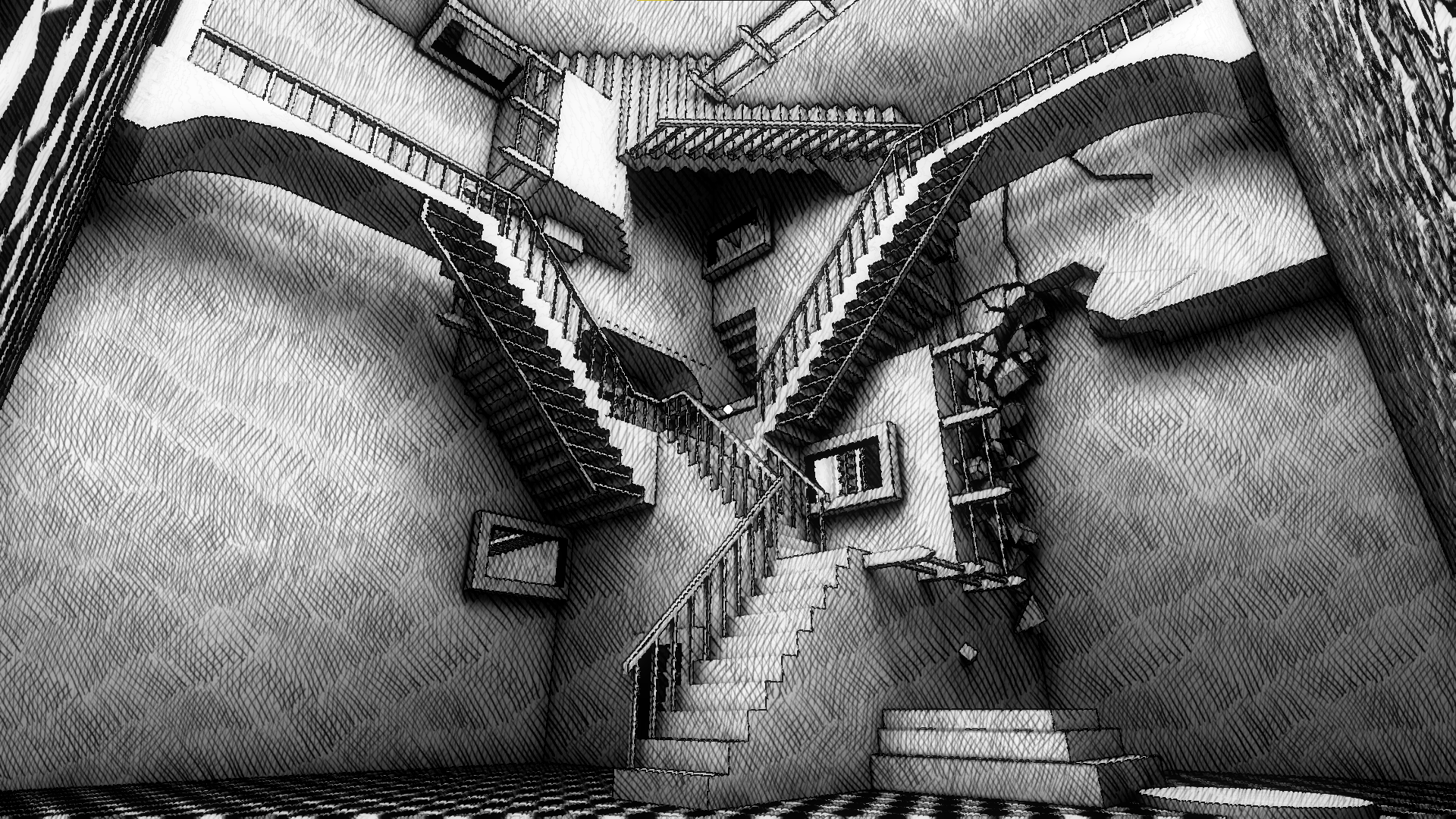 A bizarre black and white level in Fragments of Euclid that includes a series of stairs.