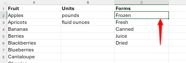 A cell at the top of the text column in Excel is selected.