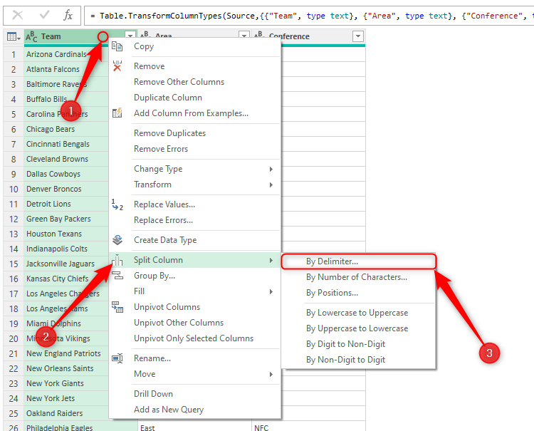 A column header in Excel's Power Query Editor is selected via a right-click, and By Delimited in the Split Column option is selected.