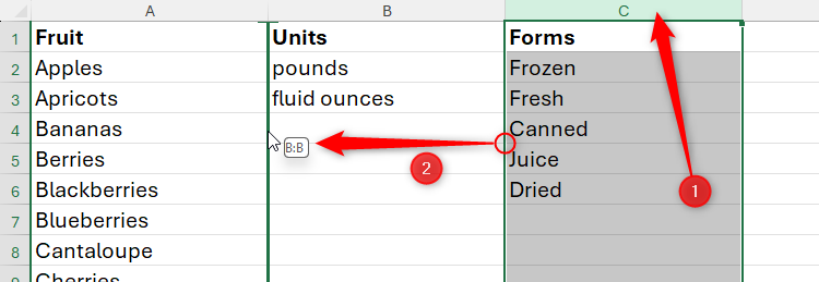 A column in Excel is inserted between other columns by clicking and dragging the column during a shift press.