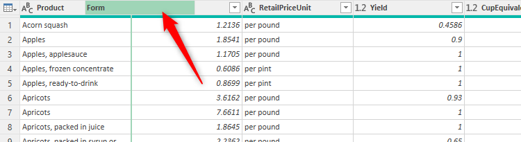 A column in Excel's Power Query Editor is clicked and dragged to a different position.