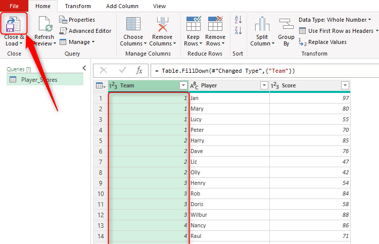 A column in Power Query Editor contains team numbers for each player, and the Close And Load button is selected.
