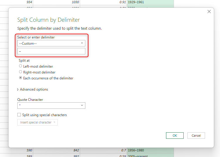 A dash is selected as the delimiter in the Power Query Editor's Split Column By Delimiter dialog box in Excel.
