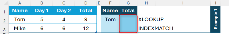 A data table on the left of an Excel workbook, with a data retrieval table on the right, where a person's score will be extracted using different functions.