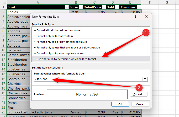 A formula is added to the Conditional Formatting Rule dialog box in Microsoft Excel.