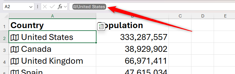 A Geography value token in the Excel formula bar.