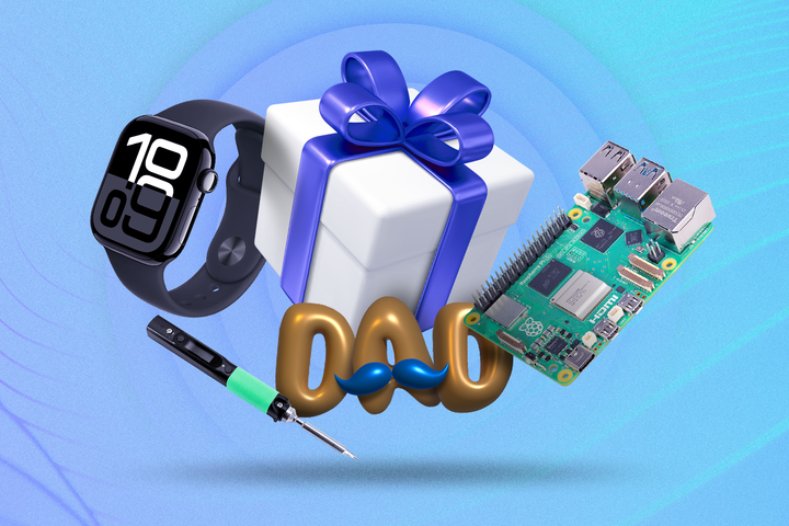 A gift box with 'DAD' written below in balloon letters, alongside an Apple Watch, a Raspberry Pi, and a soldering iron.
