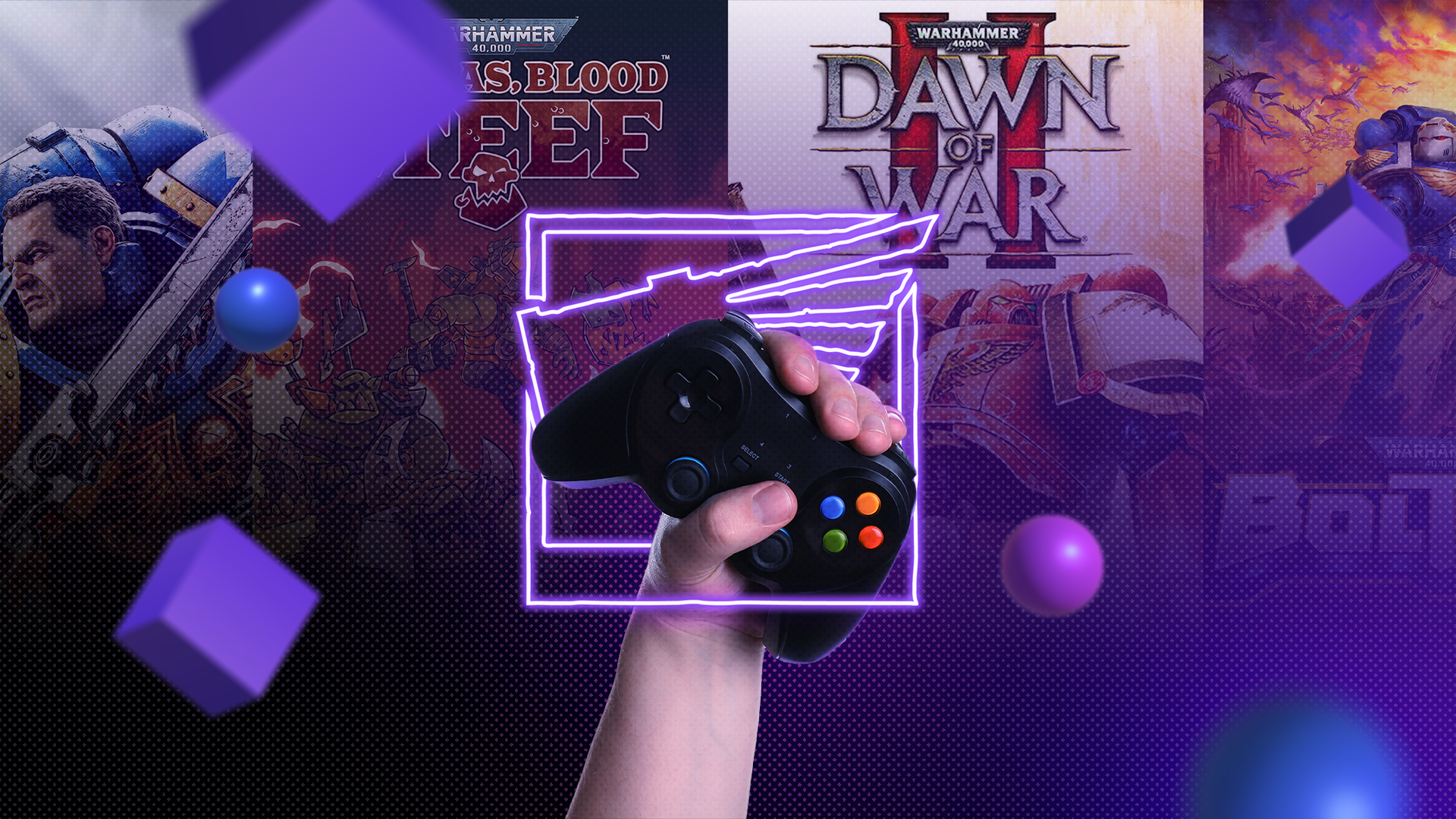 A hand holding a video game controller with the Warhammer 40K logo in neon style at the center and several games in the background.