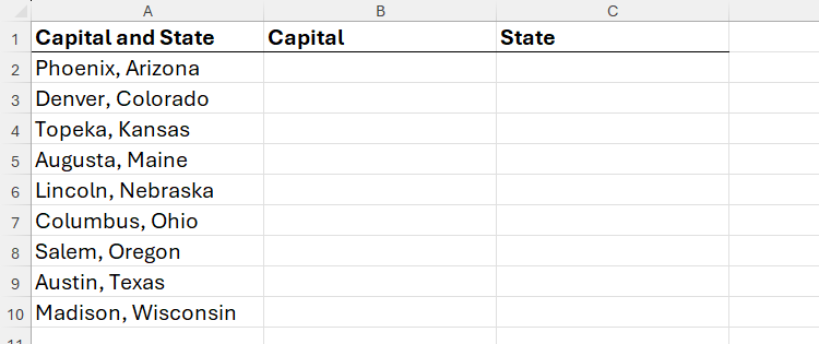 A list of capitals and states in column A in Microsoft Excel, with columns B and C prepared to split these into individual datasets.