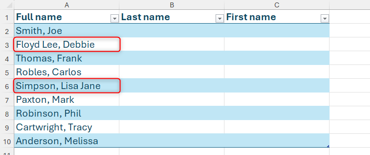 A list of names in an Excel table, with those containing more than one word in the first or last names highlighted.