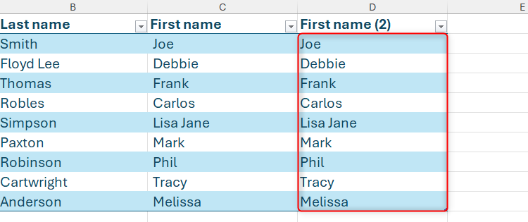 A list of names in column D in Excel that have been generated using the TRIM function based on column C.