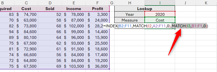 A MATCH argument nested within an INDEX formula in Microsoft Excel is selected.