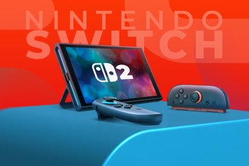 A Nintendo Switch 2 on a blue surface, set against a red background with the text 'Nintendo Switch'.