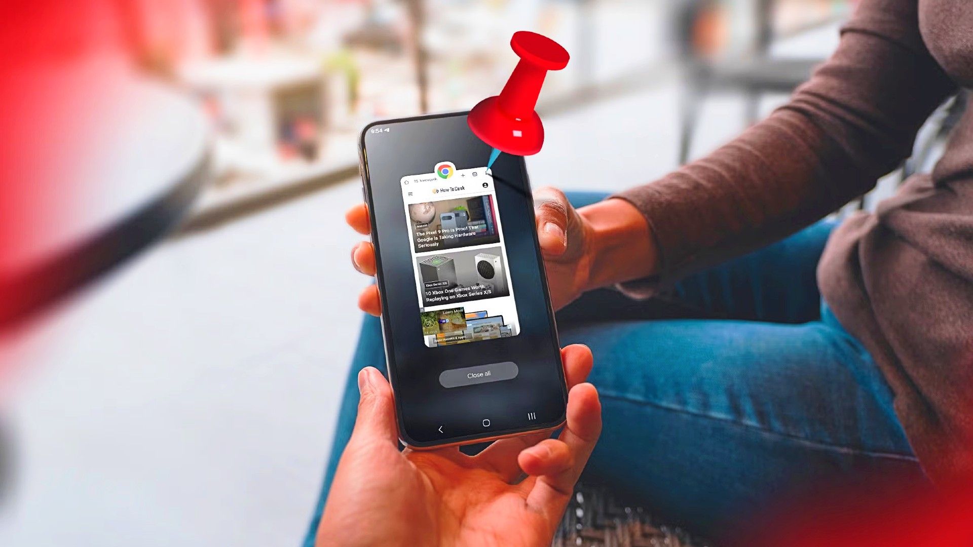 A person handing a phone to another person, and an app with a pin on the phone. screen.