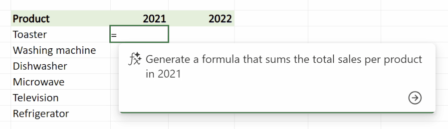 A query in Microsoft Excel for the web that instruct Copilot to create a formula.