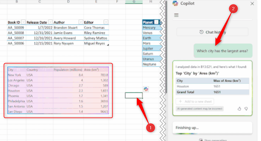 A random cell is selected in an Excel workbook, a query is entered into Copilot, and the corresponding table is selected for analysis.