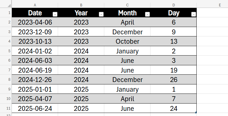 A table in Excel for the Web, where the year, month, and date have been extracted from a full date through the Formula By Example tool.