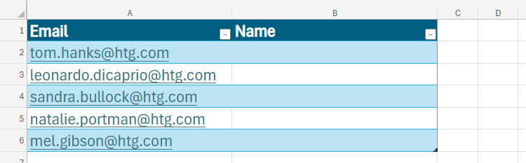 A table in Excel for the web, with email addresses in column A, and a blank column B headed 'Name.'