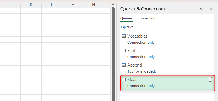 A table named Meat is in Excel's Queries And Connections pane.