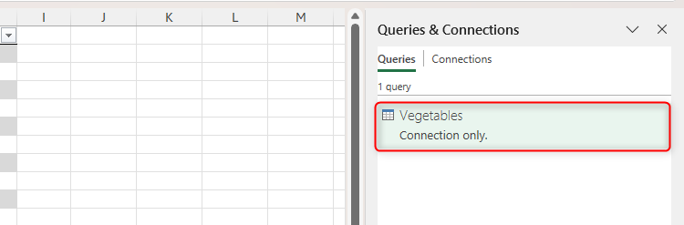A table named Vegetables is listed in Excel's Queries And Connections pane.
