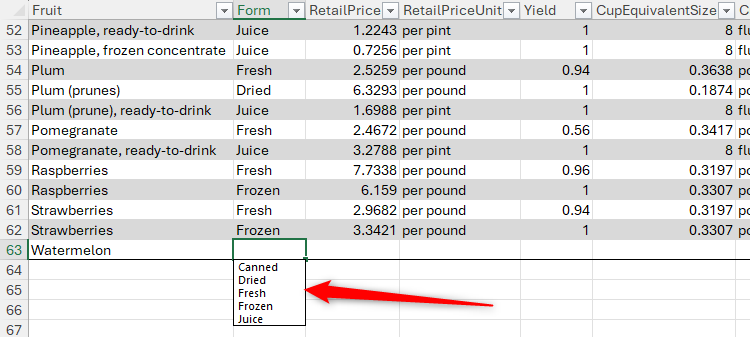 A temporary drop-down list of existing values in a column in Excel.