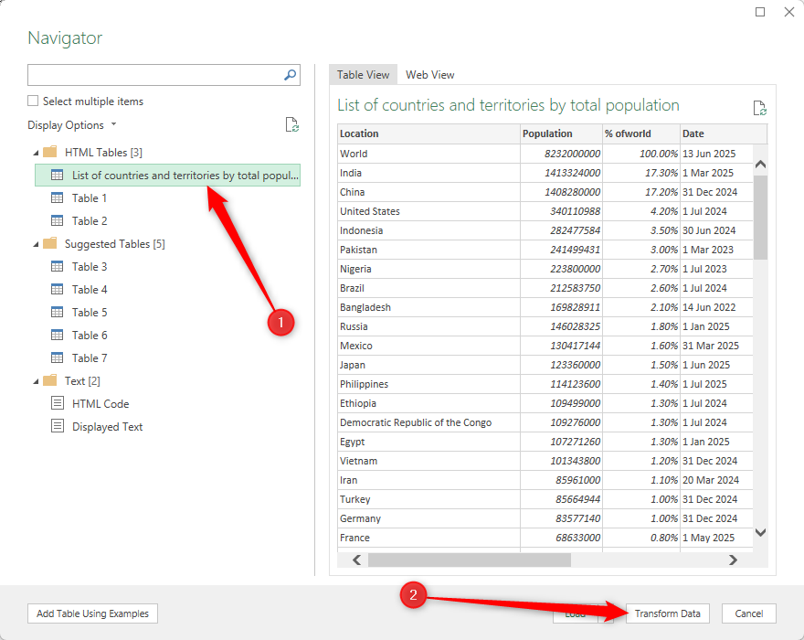 A web-based table is selected in Excel's Navigator dialog box, and Transform Data is selected at the bottom of the window.
