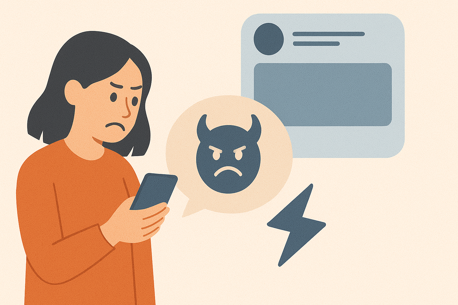 A woman looking at her phone with graphics indicating that she's been nasty online.