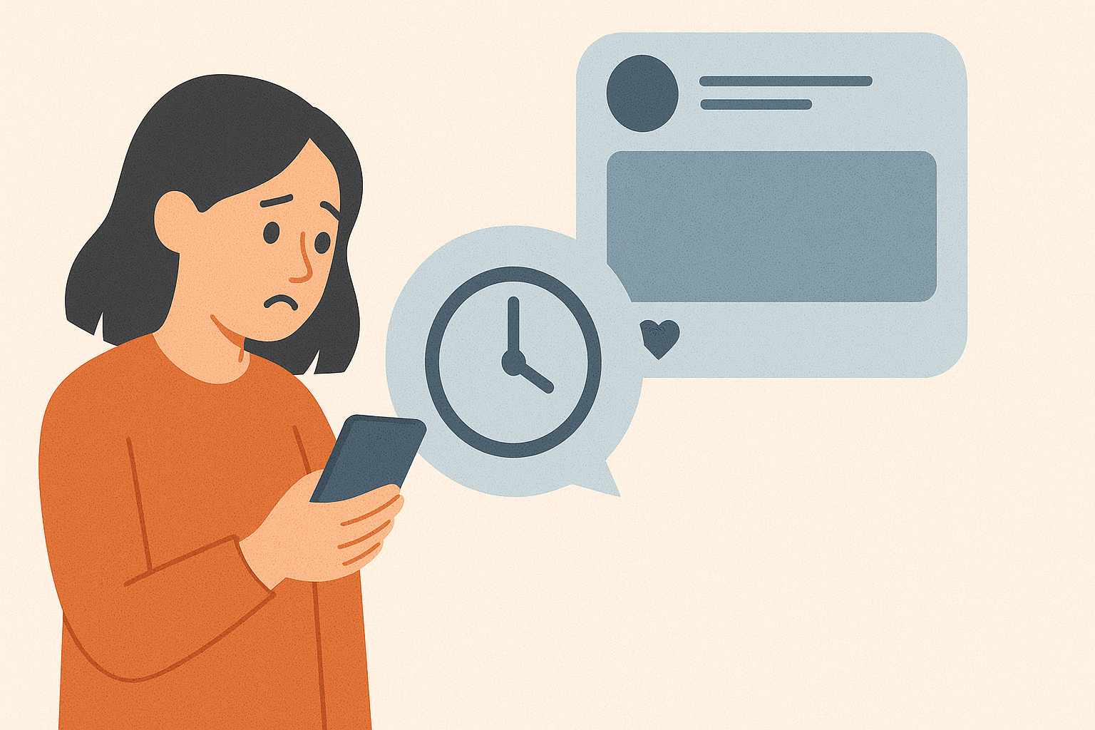A woman looking at her phone with graphics of a clock and posts showing delayed time.